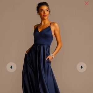 NWT David’s Bridal Bridesmaid Dress Marin Navy Spaghetti Strap Size 6